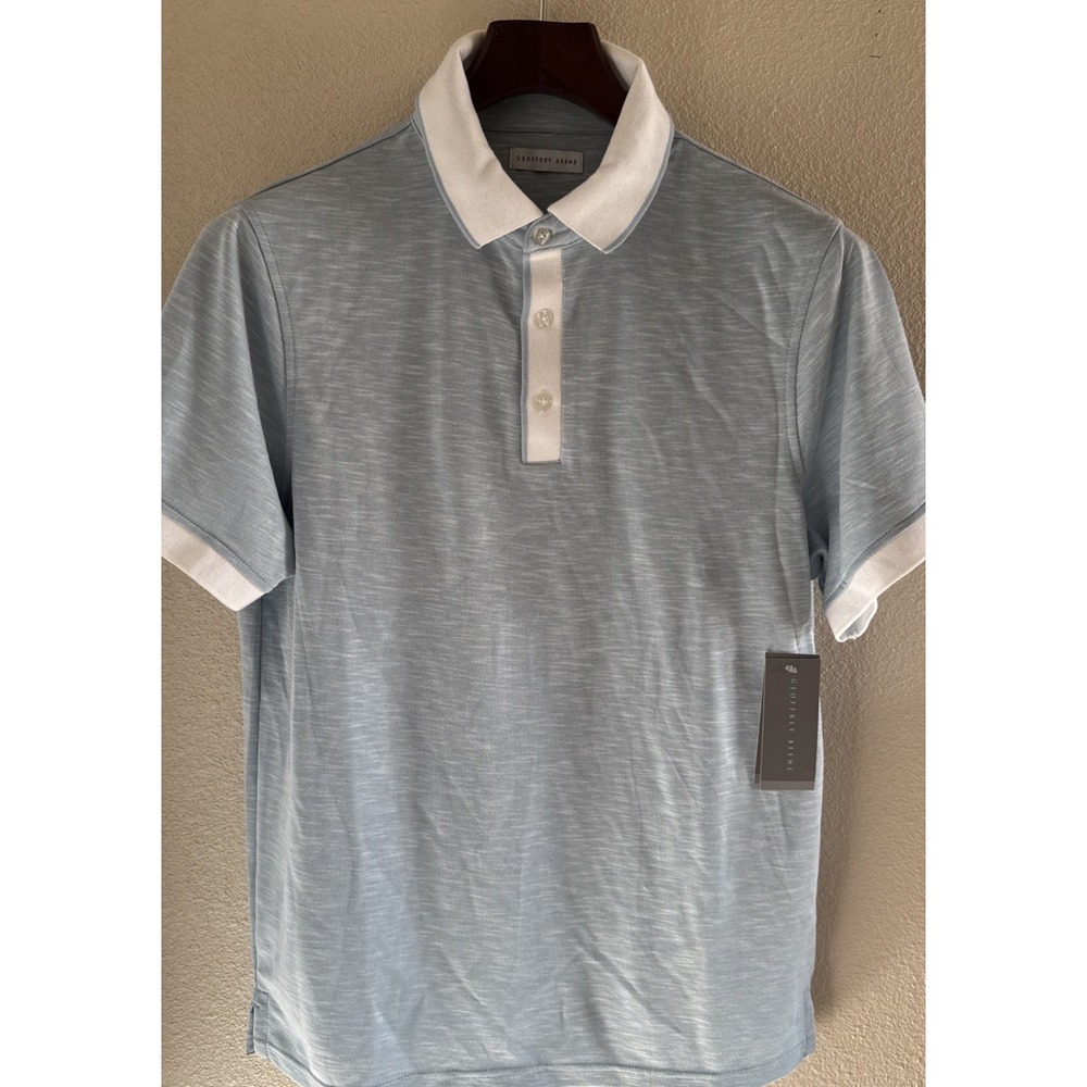 (NEW) Geoffrey Beene Polo Shirt Mens Medium Light Blue White Collar Casual Golf